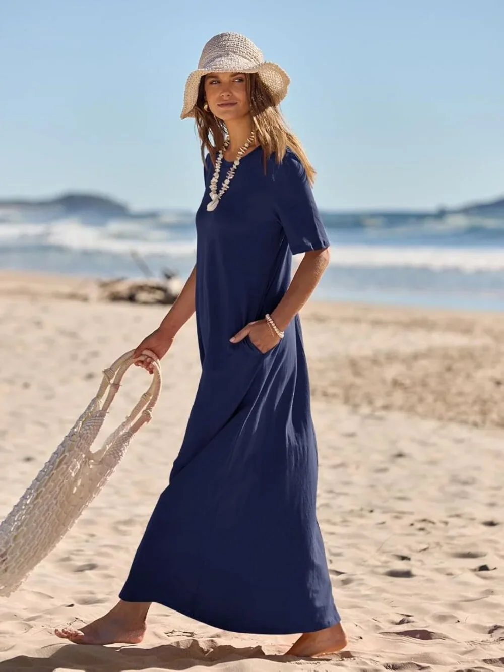 Women's Navy Summer Casual Maxi Dress Vacation Crew Neck Short Sleeve Dress - Picture 6 of 6